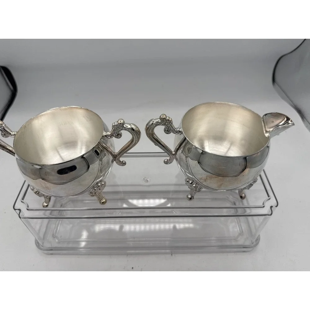Vintage Silver Plated Creamer Open Sugar Bowl Set Ornate Scroll Handle Footed